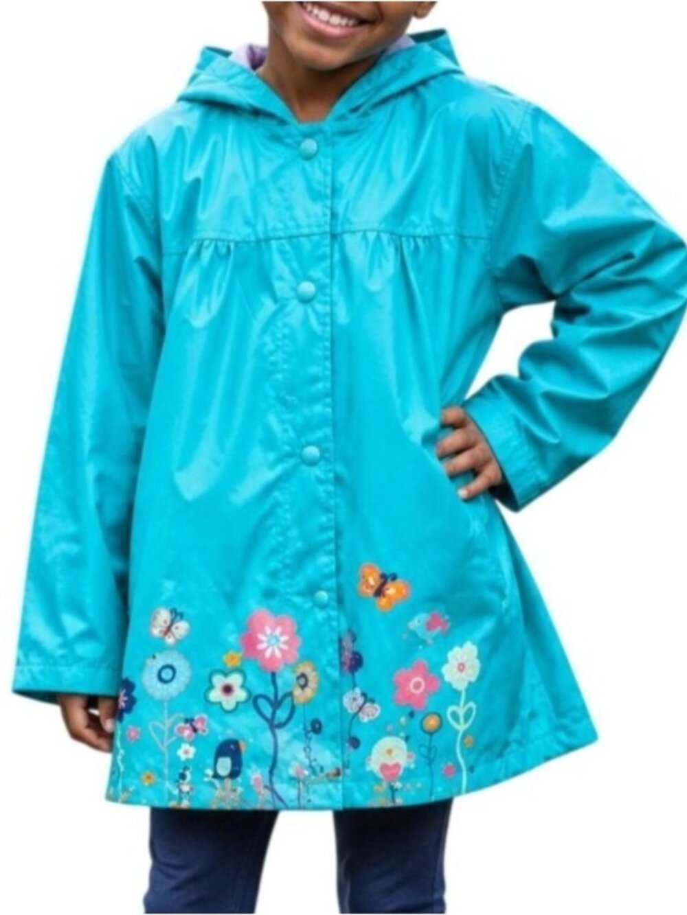 Arshiner Girls Size 8 Raincoat Hooded Teal Colorful Flower Butterfly Print